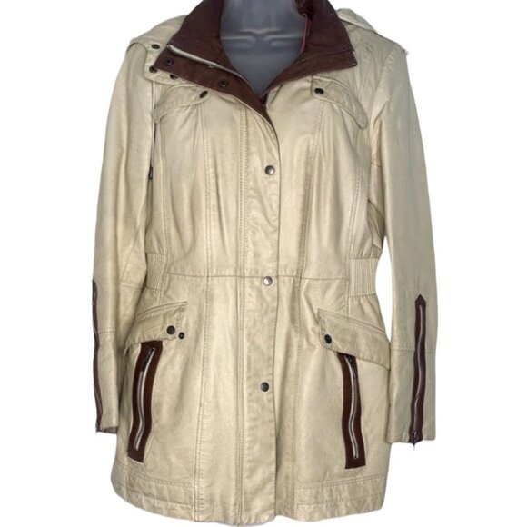 DANIER LEATHER CREAM BROWN HOODED WOMAN JACKET ELASTIC WAISTBAND SIZE ME… - Picture 1 of 15